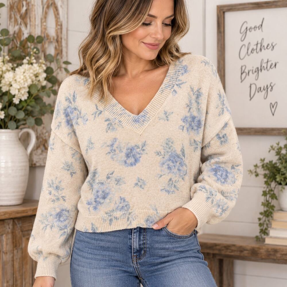 Sincerely Jules XL Floral V Neck Sweater Cottagecore Coquette Ivory Blue